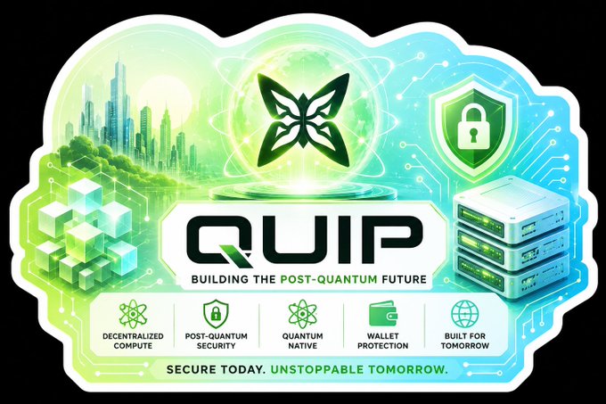 The image features a sticker with a green butterfly logo and the words "quip" written below it, along with various symbols related to technology and security. The text on the sticker reads "Building the post-quantum future". It also mentions that Quip is focused on practical approaches to security by adding a post-quantum layer to existing networks instead of waiting for major upgrades or disruptions.