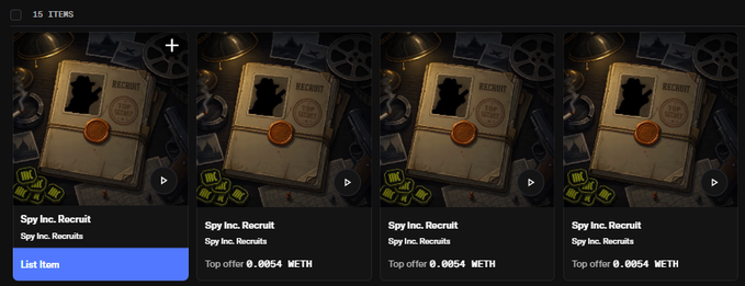 A collection of 15 "Spy Inc. Recruit" NFT cards listed on a marketplace, each priced at 0.0054 ETH, reflecting the post's promotion of Spy Inc. as a GameFi game where players manage spy agencies to earn $INC.