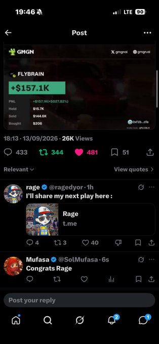 A screenshot of an X post from GMGN showing a FLYBRAIN token up +$157.1K (+5,027.82%), with replies from @ragedyor and @SolMufasa.