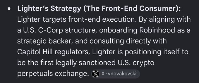 A dark slide outlines "Lighter's Strategy (The Front-End Consumer)," explaining that Lighter targets front-end execution and aims to become the first legally sanctioned U.S. crypto perpetuals exchange by adopting a U.S. C-Corp structure, partnering with Robinhood as a backer, and consulting with Capitol Hill regulators. The slide is attributed to X user @vnovakovski and supports the post's bullish claim on $LIT.