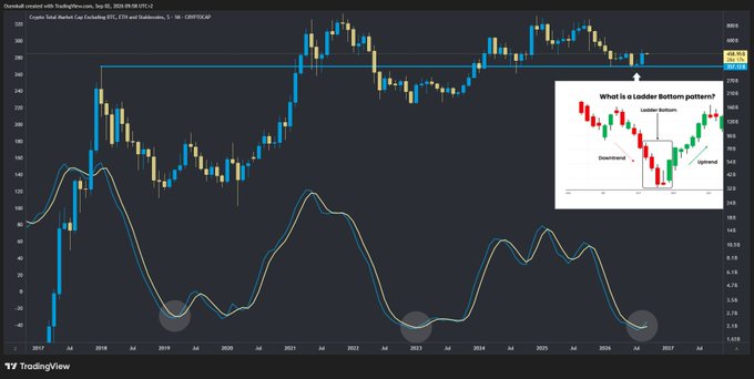 TradingView chart titled 'Overall created with TradingView.com, Sep 20, 2024 09:08 UTC+2' for CRYPTO:CAPO (Total Market Cap including BTC, ETH and Stablecoins), featuring candlestick price action, a Stochastic indicator at the bottom, and an inset diagram explaining the 'Ladder Bottom pattern' with Downtrend and Uptrend phases.