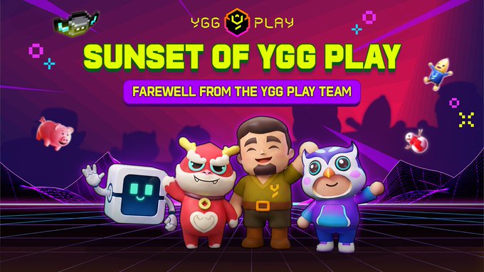 Promotional graphic reading 'SUNSET OF YGG PLAY - FAREWELL FROM THE YGG PLAY TEAM' featuring cartoon mascots including a robot, red creature, bearded man, and owl against a purple retro grid background.