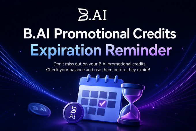 A promotional graphic for "B.AI Promotional Credits Expiration Reminder" featuring a calendar, hourglass, and B.AI token imagery with the message: "Don't miss out on your B.AI promotional credits. Check your balance and use them before they expire!"

Note: The image actually shows a B.AI promotional credits expiration reminder—not directly related to decentralized storage, AI verification, or automated settlements as described in the post. The accompanying text about TRON's decentralized storage and AI tools doesn't match the visual content, which is purely about expiring promotional credits.