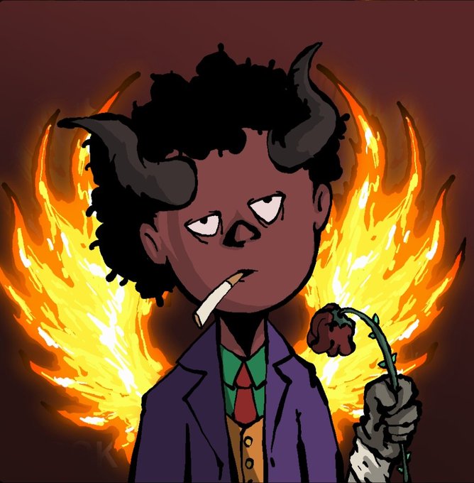 A cartoon-style illustration shows a demon-like character with horns, curly hair, and a suit smoking a cigarette while holding a wilted rose against a flaming background.