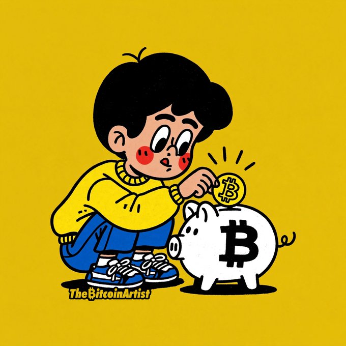 A cartoon illustration of a child with rosy cheeks inserting a Bitcoin coin into a piggy bank labeled 'B', signed 'TheBitcoinArtist' against a yellow background.
