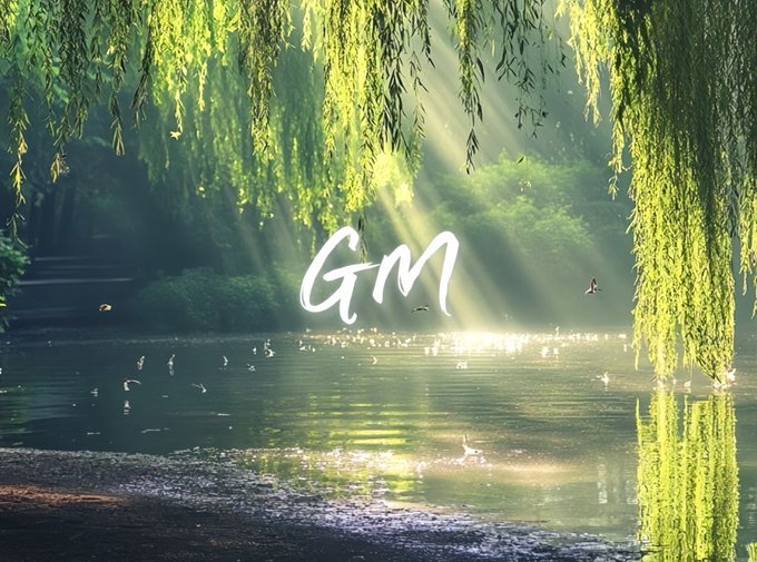 A serene nature scene with willow tree branches hanging over a sunlit pond, with the text 'GM' (good morning) written in white in the center.