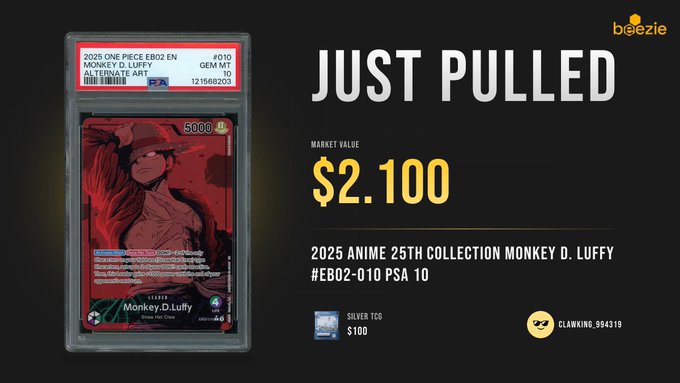 A duplicate of image 2, showing the Bigezie post with the PSA 10 graded 'Monkey D. Luffy Alternate Art' trading card valued at $2,100.