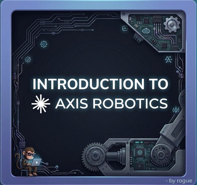 A digital graphic with a robotic/circuit theme titled 'INTRODUCTION TO AXIS ROBOTICS' by rogue, featuring a cartoon monkey with a laptop.