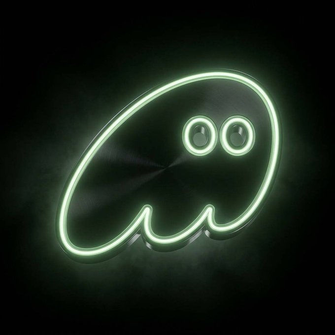 A glowing green neon outline of a cartoonish ghost-like figure with two round eyes shines against a black background.