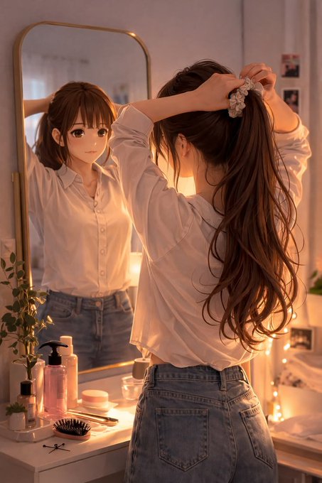 A girl is shown tying her long brown hair into a ponytail in front of a mirror, dressed in a white shirt and jeans, with warm lighting illuminating her cozy vanity area.

The image of quiet, focused self-care mirrors the post's message about discipline and persistence—tying one's hair back symbolizing readiness to work, reflecting the builder's mindset of staying focused even when markets are quiet.