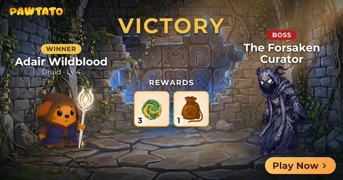 A mobile game victory screen shows the winner "Adair Wildblood" (Druid, Lv. 4) defeating the boss "The Forsaken Curator," earning rewards of 3 green gems and 1 brown bag, with a "Play Now" button at the bottom right.