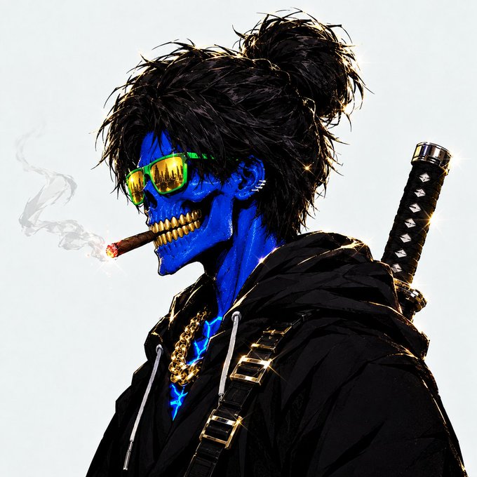 A stylized digital illustration of a blue-skinned skeleton character with messy black hair tied in a topknot, wearing reflective green sunglasses, smoking a cigar, and carrying a katana on their back while dressed in a black hooded jacket with gold chains.