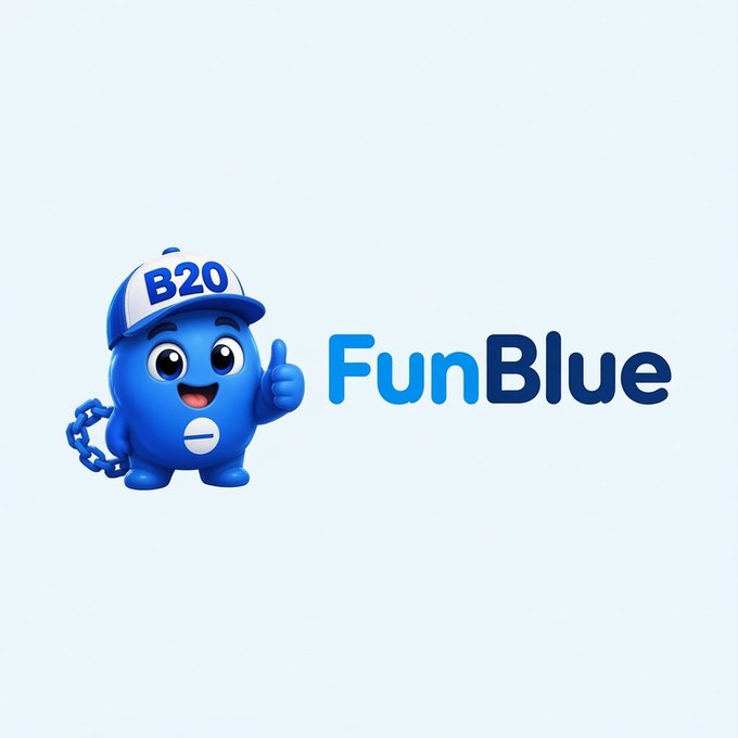 A blue cartoon mascot wearing a "B20" baseball cap gives a thumbs-up next to the text "FunBlue," with a chain detail on its side. The image represents the $BLUE token teased in the post, branded as FunBlue by the B20 project.