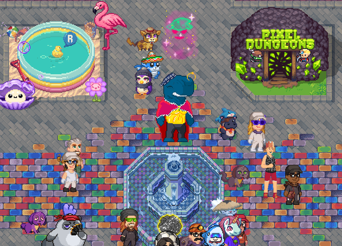 A pixel art scene depicting a crowded virtual plaza with various character avatars, a flamingo, an inflatable pool with a rubber duck, and a sign reading 'PIXEL DUNGEONS'.