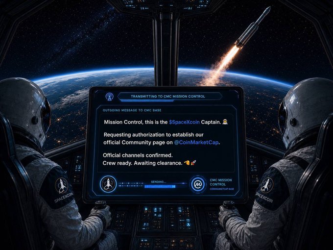 Two SpaceXcoin-suited astronauts sit at a spaceship cockpit control panel overlooking Earth, with a rocket launching in the background, as the central HUD transmits a message to "CMC MISSION CONTROL" requesting authorization to launch the $SpaceXcoin official community page on @CoinMarketCap. The space-themed scene visually reinforces the post's "launch sequence" metaphor for officially establishing the token's CMC presence.