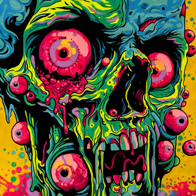 A vibrant, psychedelic horror illustration featuring a melting zombie-like face with bulging bloodshot eyeballs, exposed teeth, and dripping green and pink fluids on a yellow background.