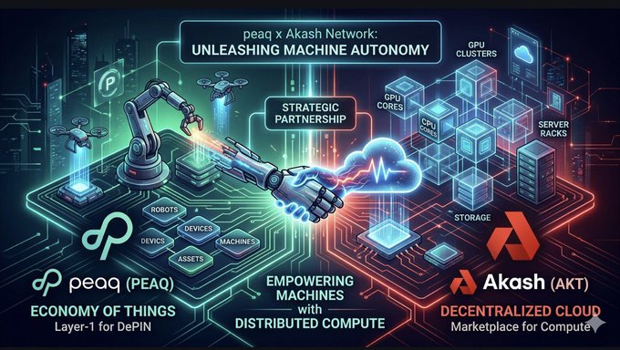 The image shows a large graphic or poster with several computer elements, including robot arms reaching out for a handshake and network logos. The poster emphasizes the partnership between the Akash Network and peaq Networks, along with the themes of technological advancements and collaboration in the field of artificial intelligence (AI). This suggests that the company is actively working towards integrating AI technologies into various aspects of society, such as robotics and computing infrastructure.