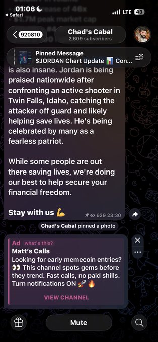 A smartphone screenshot of a Telegram channel named 'Chad's Cabal' (2,609 subscribers) featuring a pinned message about Jordan being praised for confronting an active shooter in Twin Falls, Idaho, and an ad for 'Matt's Calls' at the bottom.