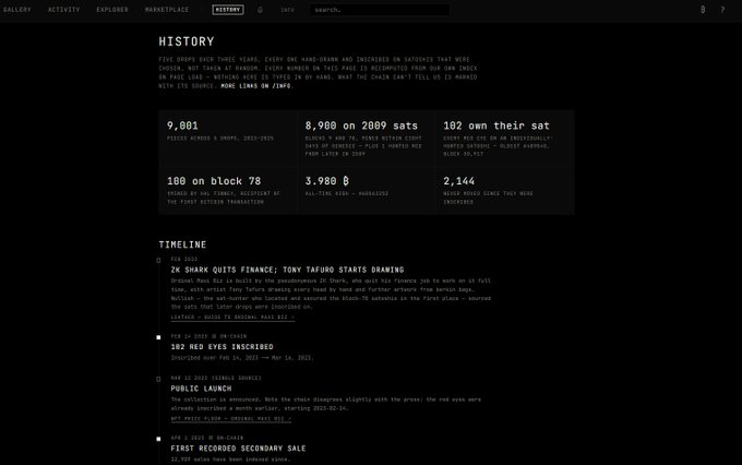 The image shows the History page of ordinalmaxibiz.wiki, featuring key metrics like "9,001 PASSED ACROSS 9 HOURS, 2021-2025" and "8,900 on 2889 sats," along with a timeline of events including the "2X SHARK QUILTS FINANCE: TONY TAFURO STARTS DRAWING" and "102 RED EYES INSCRIBED" milestones. The post highlights the website's history of Bitcoin Ordinals trading, suggesting the user discovered this lesser-known resource tracking significant Ordinals mints over the years.