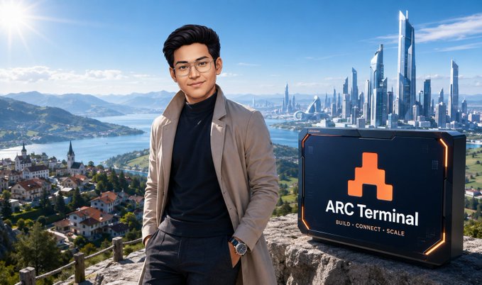 A young man wearing glasses and a beige trench coat stands on a rocky outcrop overlooking a futuristic cityscape, with a briefcase beside him labeled 'ARC Terminal - BUILD • CONNECT • SCALE'.
