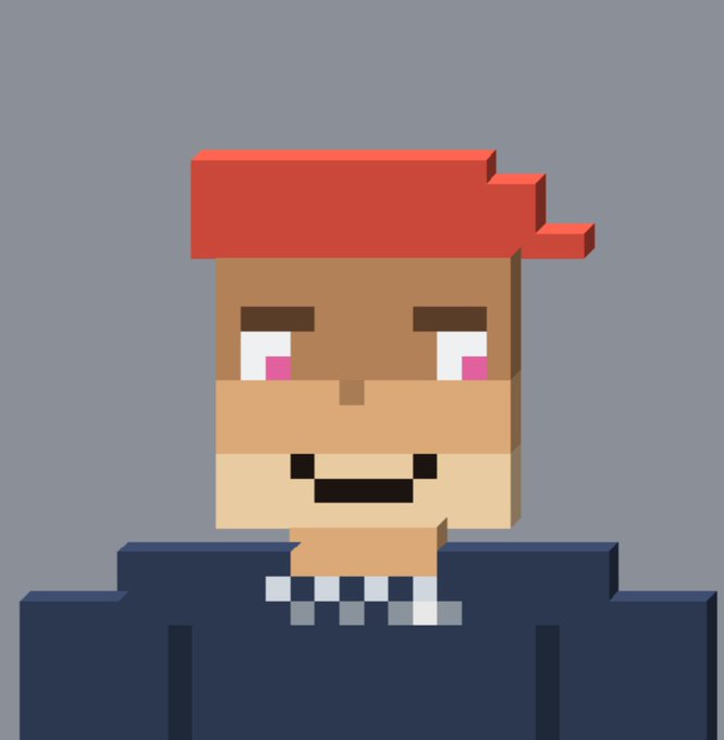 A pixel art portrait of a character with red hair, pink cheeks, and a wide smile, wearing a blue shirt with a checkered collar.