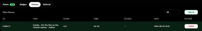 A dark-themed web interface shows a 'Badges History' tab with a record showing a score of 43.3 for the task 'Frankie - Put the Pen on the Closed Laptop - Indoor' marked as 'Failed'.
