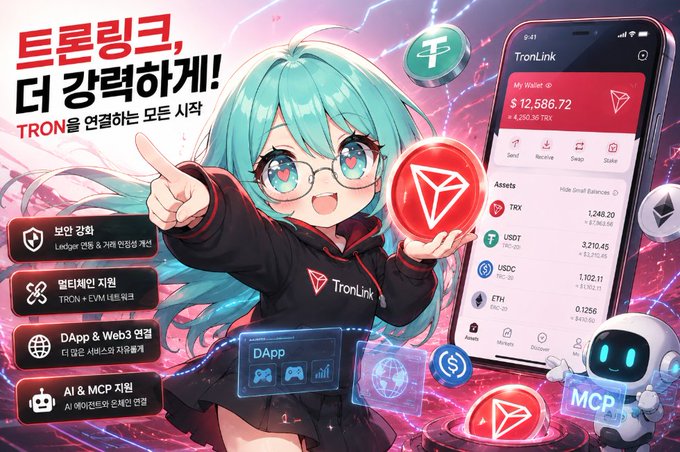 An advertisement for the TronLink app features an anime-style character pointing forward, alongside a smartphone displaying a crypto wallet with assets like TRX and USDT, with Korean text.