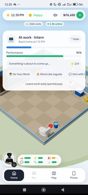 A mobile game screenshot shows a player 'At work · Intern' with 76% Performance and ₦76,650, displaying options to 'Do Your Work' or 'Leave work early'.