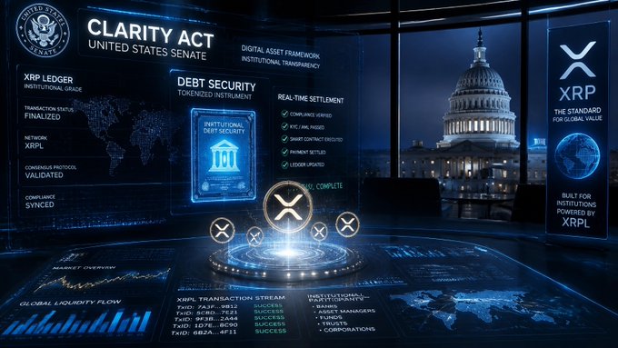 The image shows a futuristic room with a large screen displaying information about Ripple cryptocurrency, including its features and benefits. The room also has a glass wall that allows for natural light to enter, creating an immersive experience. In front of the glass wall is a digital display featuring a coin icon and text discussing Ripple's global reach and potential returns on investment. The room appears to be part of a larger building or exhibition space dedicated to showcasing the cryptocurrency.