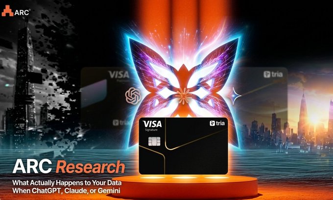 The image features a black Visa Signature card by Tria displayed on a glowing pedestal with a vibrant butterfly-wing design behind it, set against a backdrop of two city skylines separated by water, with text reading "ARC Research" and "What Actually Happens to Your Data When ChatGPT, Claude, or Gemini." The visual ties into the post by promoting the Tria crypto card as a seamless solution for spending crypto like regular cash, contrasting the everyday convenience Tria aims to deliver with the more technical AI data concerns referenced in the headline.