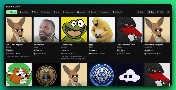 A cryptocurrency trading interface titled 'Explore coins' displaying meme coins including 'Ruru The Kangaroo', 'Bark for me', 'The OG Frog', and 'Dodo the Black Swan' with various market caps.