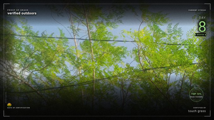 A digital overlay showing 'verified outdoors' proof of grass certification on Day 8 of a stream, set against a photo of green tree foliage.