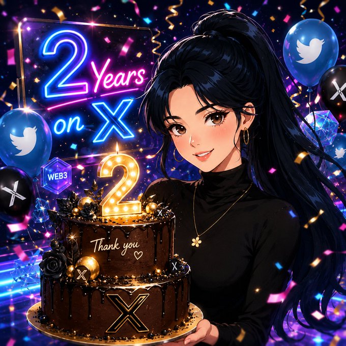 An anime-style illustration celebrating '2 Years on X' with a dark-haired woman holding a chocolate birthday cake topped with the number '2', surrounded by Twitter/X balloons, confetti, and neon signs.