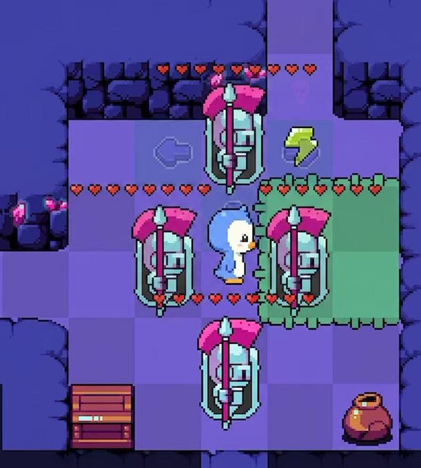 A pixel art game scene showing a small blue penguin-like character surrounded by hostile guards with spears and hearts, set in a purple stone dungeon.