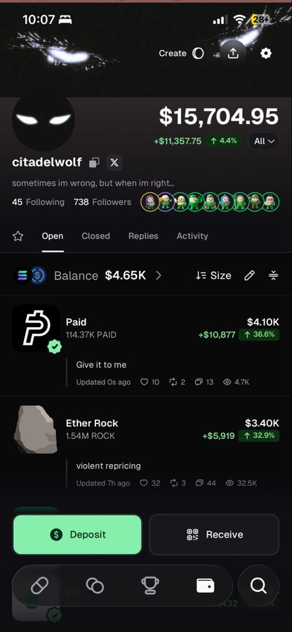 A screenshot of a Polymarket profile "citadelwolf" shows a portfolio balance of $15,704.95 with an impressive +$11,357.75 (+4.4%) gain, featuring winning positions on "Paid" ($4.10K, +36.6%) and "Ether Rock" ($3.40K, +32.9%), visually reinforcing the caption's "never give up" comeback narrative after starting from nothing.