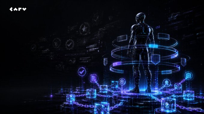 A futuristic humanoid figure stands within glowing blue holographic rings and digital icons representing digital trust symbols like stars, shields, and checkmarks. The "KAI" logo appears in the top left corner, reinforcing the post's message about AI agents needing to build their own onchain trust from zero.