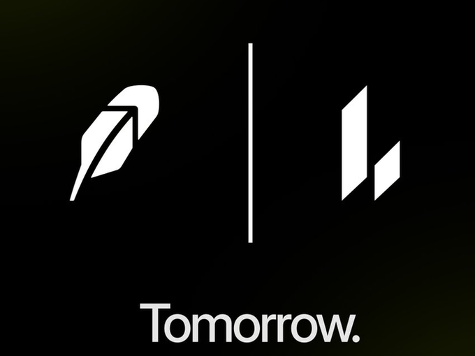 A minimalist black graphic featuring white abstract logos for two cryptocurrency exchanges with the word 'Tomorrow.' at the bottom.
