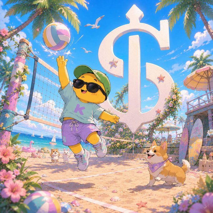 A vibrant anime-style illustration of a yellow character wearing sunglasses, a green cap, and a 'K' shirt playing volleyball on a tropical beach, accompanied by a Shiba Inu dog and a large trident logo in the background.