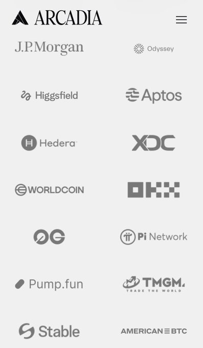 A webpage header showing the Arcadia logo above a grid of partner logos including J.P.Morgan, Odyssey, Higgsfield, Aptos, Hedera, OKX, Worldcoin, OKX, Pump.fun, Pi Network, TMGM, Stable, and AMERICAN BTC.