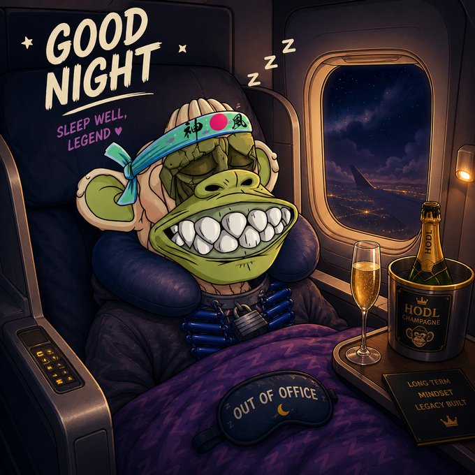 The image shows a cartoon monkey wearing a headband with Japanese characters and a red sun emblem, sleeping peacefully in an airplane seat with a neck pillow and "Out of Office" eye mask, while a bottle of "HODL Champagne" and a book titled "Long Term Mindset Legacy Built" rest on the side table. Text reads "GOOD NIGHT - Sleep Well, Legend," fitting perfectly with the "GN" (good night) post wishing crypto, NFT holders, and apes a restful night.