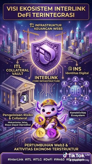 An Indonesian-language promotional graphic for 'VISI EKOSISTEM INTERLINK DeFi TERINTEGRASI' showcasing a Web3 ecosystem with components like ITL Collateral Vault, INS Digital Identity, and Risk Management features.