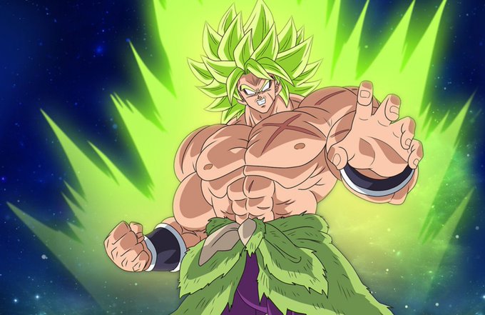 Anime illustration of a muscular character with spiky glowing green hair and aura, wearing a green fur sash, in the style of Dragon Ball's Super Saiyan Broly.