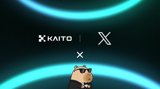 A promotional graphic announcing a partnership between 'KAITO' and 'X', featuring a bear character in sunglasses and a tuxedo against glowing blue circular elements.