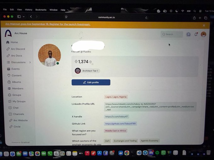 A computer screen shows the Arc House community platform displaying a user profile for 'Found-er @FluxArc' with 1,374 points, located in Lagos, Nigeria.