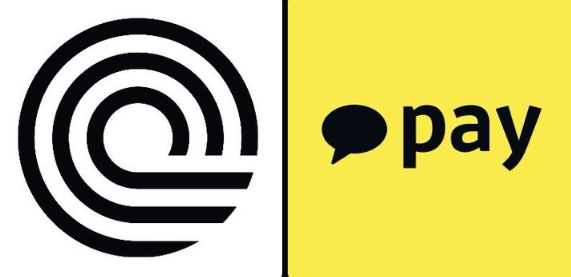 A logo image showing a black circular design with concentric rings next to the word 'pay' with a speech bubble icon on a yellow background.