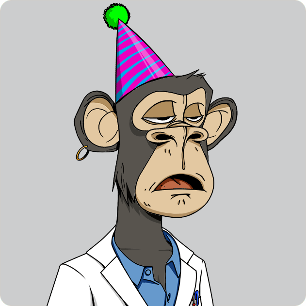 The image features a cartoon monkey wearing a party hat, giving off an impression of being bored or unenthused. The monkey appears to be wearing a white lab coat, which adds to its disinterested demeanor. The background of the image is gray, providing a neutral backdrop that further emphasizes the monkey's lackadaisical expression. The caption below the image reads: "Ape #688 Bought for 8.45 ETH 0xDA36...C646 0xC21a...", suggesting that this cartoon character might be part of an online auction or collection.