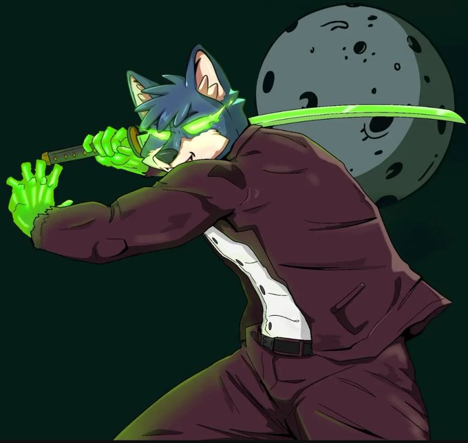 A digital illustration of an anthropomorphic wolf or fox character in a burgundy suit wielding a glowing green katana, with a moon in the background.