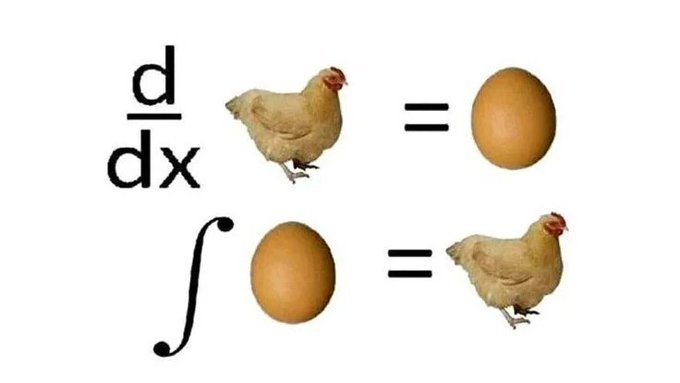 The image features an equation that reads "d = dx" with a chicken and three eggs depicted below it. The chicken has one leg raised while standing on two legs, and the eggs are brown. The text above the image says "@quipnetwork is building the world's first shared quantum computer by turning idle quantum and classical hardware into a unified, trustless marketplace".