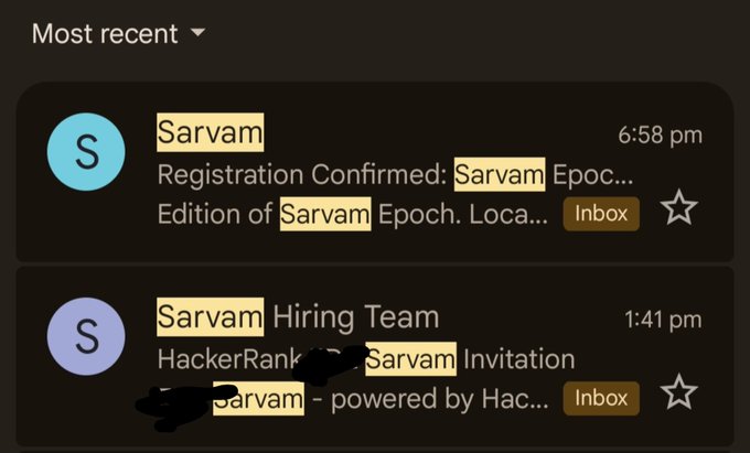 A screenshot of an email inbox showing two recent messages at 6:58 pm and 1:41 pm from Sarvam and the Sarvam Hiring Team, confirming event registration and a HackerRank invitation, highlighting the recipient's upcoming involvement with @SarvamAI Epoch.