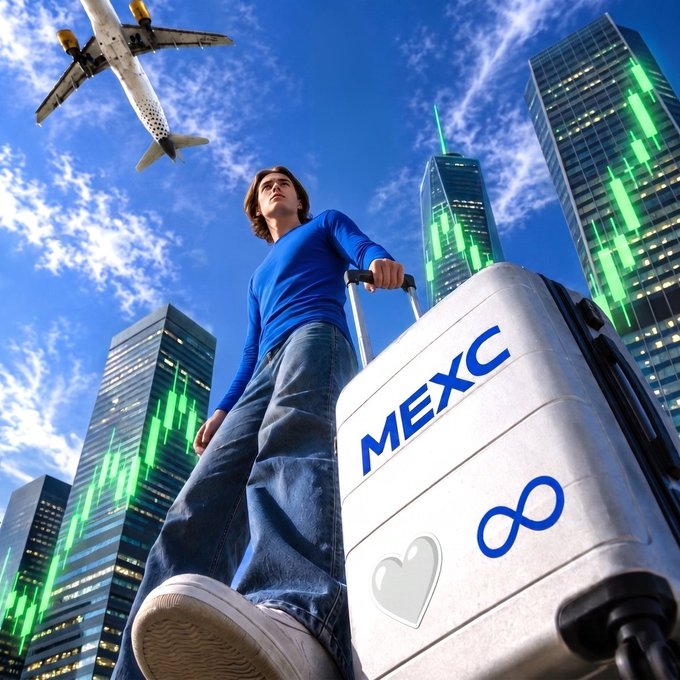 A promotional image for MEXC cryptocurrency exchange featuring a man in a blue shirt standing with a suitcase labeled 'MEXC' against a backdrop of skyscrapers with green trading chart overlays and an airplane overhead.